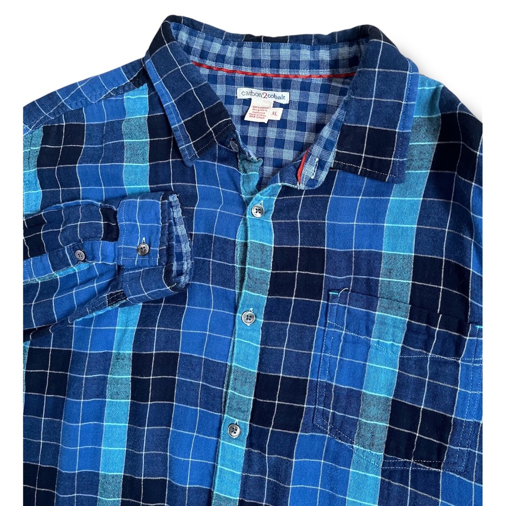 Carbon 2 Cobalt Mens‎ XL Blue Plaid Double Cloth Cotton Button Down Shirt L/S